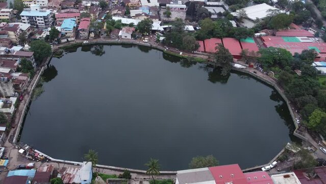Aerial view of sacred Gautam Lake near the Trimbakeshwar Temple in Trimbak city, Nashik, Maharashtra, India