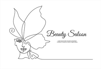 Beautiful woman face with butterfly. Beauty saloon. Abstract composition hand draw continuous line. Hand-drawn vector line-art illustration. One Line style drawing.