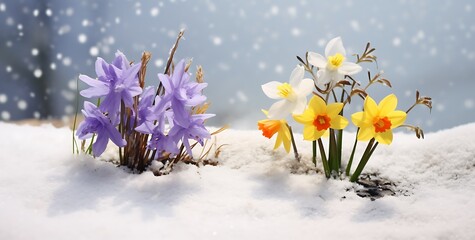 Spring flowers in the snow, daffodils and crocus
