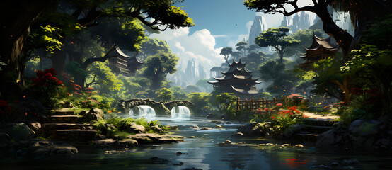 Ancient garden scenery includes mountains, water, pavilions and bridges 8 - obrazy, fototapety, plakaty