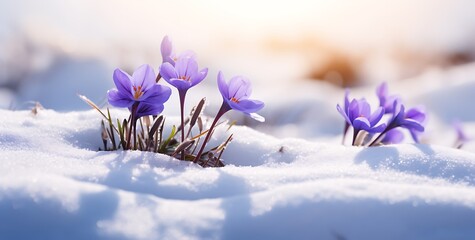 Spring crocus flowers in the snow. Early spring. Symbol of peace and joy.