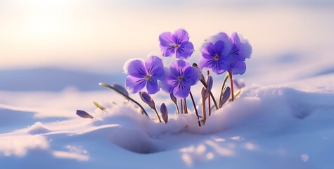 Spring crocus flowers in the snow. First spring flowers. Beautiful nature scene.