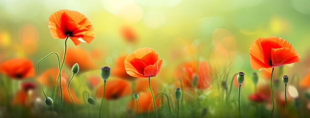 Red poppies on green meadow. Floral background. - obrazy, fototapety, plakaty