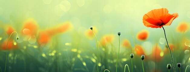 Fototapeta na wymiar Poppies meadow with green grass and bokeh background