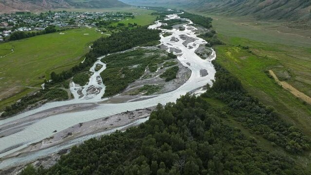 Flying Towards Chilik River Near Saty Village In The Foothills Of Trans-Ili Alatau In Kazakhstan. Aerial Shot