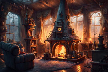 fairy house with a cozy fireplace shaped house - obrazy, fototapety, plakaty
