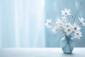 Vase with beautiful flowers on table against blurred background. Space for text