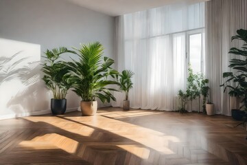 Fototapeta na wymiar Empty room with wooden floor and potted plant