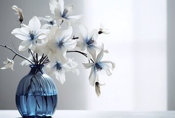 Beautiful white flowers in blue vase on white table, closeup