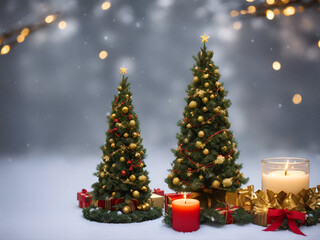 A Christmas tree in new year decorations. Garlands and bokeh burning candle. Blurred bokeh lights on the background with space, Christmas holiday.