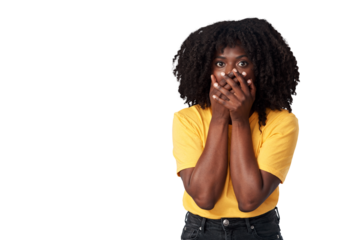Portrait, news and black woman shocked, announcement and gossip isolated against a transparent background. Female person, wow and model with facial expression, omg and png with emoji and surprise
