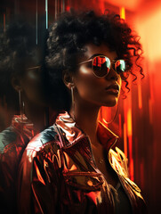 Fototapeta premium Hübsche Afroamerikanische Frau Gesicht in der Nacht mit bunten Neon Lichtern im Hintergrund Porträt, ai generativ