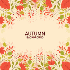 Autumn background frame design with autumn text and colourful maple leaves. Fall season greetings, advertising,