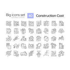 2D editable black big thin line icons set representing construction cost, isolated simple vector, linear illustration.