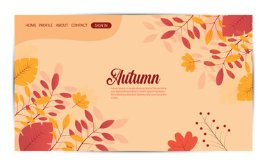 Landing page template with colourful autumn leaves. Autumn foliage design vector illustration concept for website development and advertisement