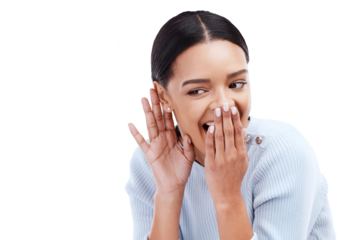Surprise news, listening gesture or woman excited, happy or hearing notification, announcement or gossip. Communication, secret conversation or shocked person isolated on transparent, png background