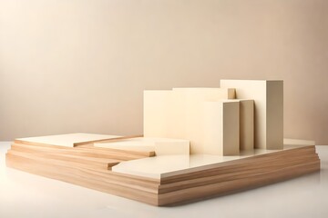 Wood podium in abstract cream color composition for product presentation