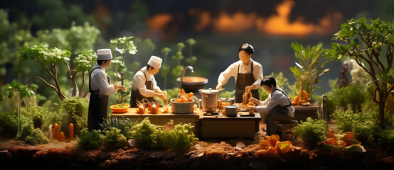 The chef is cooking in the miniature kitchen scene 6