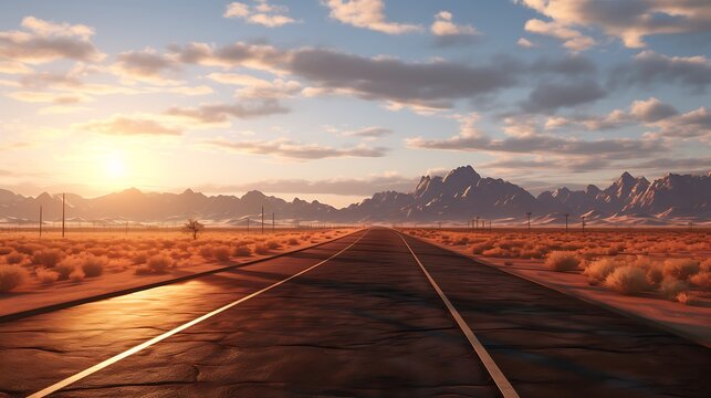 Road to the horizon in the desert. 3d render illustration.