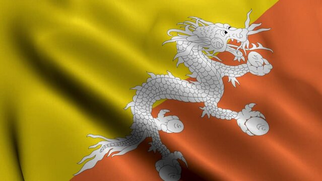 Bhutan Flag. Waving  Fabric Satin Texture of Bhutan 3D illustration. Real Texture Flag of the Kingdom of Bhutan
