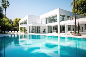 Fototapeta premium Modern house with swimming pool and blue sky. Nobody in the house