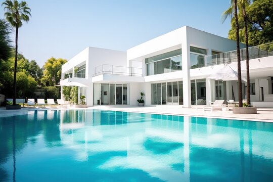 Modern house with swimming pool and blue sky. Nobody in the house