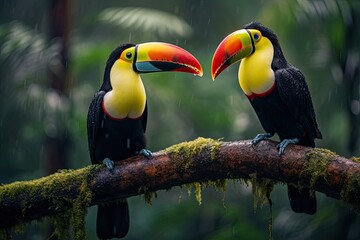 Toucan in the rainforest of Borneo, Malaysia, Two toucans sitting on the branch in the rainforest, AI Generated