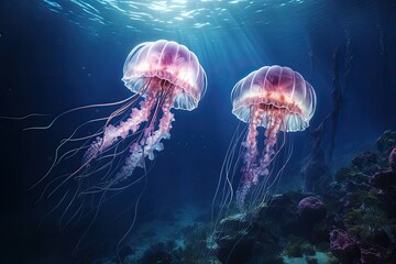 Jellyfish swimming underwater in the deep blue ocean. Underwater world, Two jellyfishes swimming in the water. 3d rendering, AI Generated - obrazy, fototapety, plakaty