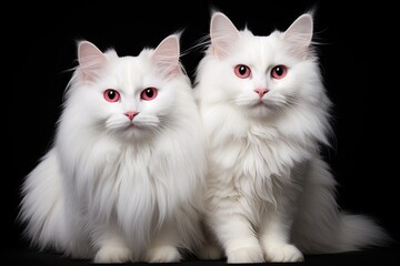 Two white cats with red eyes on a black background. Studio shot, Two white cats on a black background with a place for your text, AI Generated