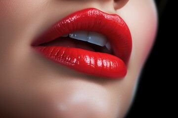 Fototapeta premium Closeup shot of beautiful female lips with glossy red lipstick. Red lips makeup, Ultra close - up view of beautiful sexy female lips, AI Generated