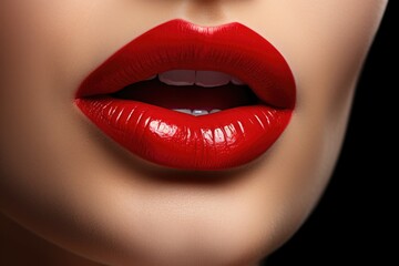 Obraz premium Beautiful female lips with red lipstick on black background, closeup, Ultra close - up view of beautiful sexy female lips, AI Generated