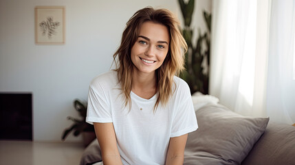 Naklejka premium happy white woman sitting and wearing white Canvas T-Shirt in light and airy modern boho living room interior in the afternoon 