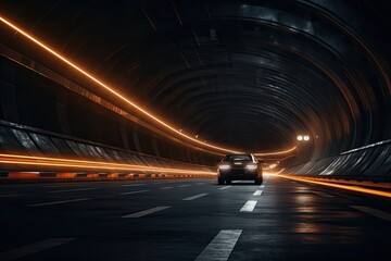 Car on the road in tunnel. 3d rendering toned image, Underground tunnel with moving cars at night. View from below, AI Generated - obrazy, fototapety, plakaty