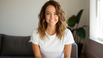 Obraz premium happy white woman sitting and wearing white Bella Canvas 3001 T-Shirt in light and airy modern boho living room interior in the afternoon