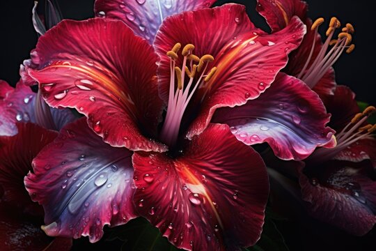 Beautiful red and purple lily flower with water drops on black background, Uncover the beauty of flowers with AI macro photography, capturing intricate details and hidden beauty, AI Generated