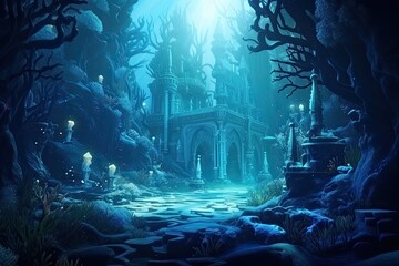 Fantasy landscape with fantasy castle in the forest. 3d rendering, Underwater world. Fantasy illustration of a fantasy world. 3d rendering, AI Generated
