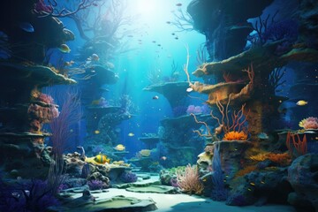 Underwater world with corals and fish. 3d render illustration, Underwater world. Fantasy illustration of a fantasy world. 3d rendering, AI Generated - obrazy, fototapety, plakaty