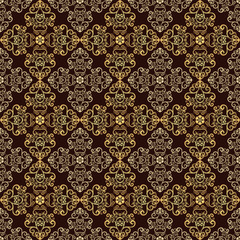 Vector dark brown seamless retro pattern with golden lace rhombus