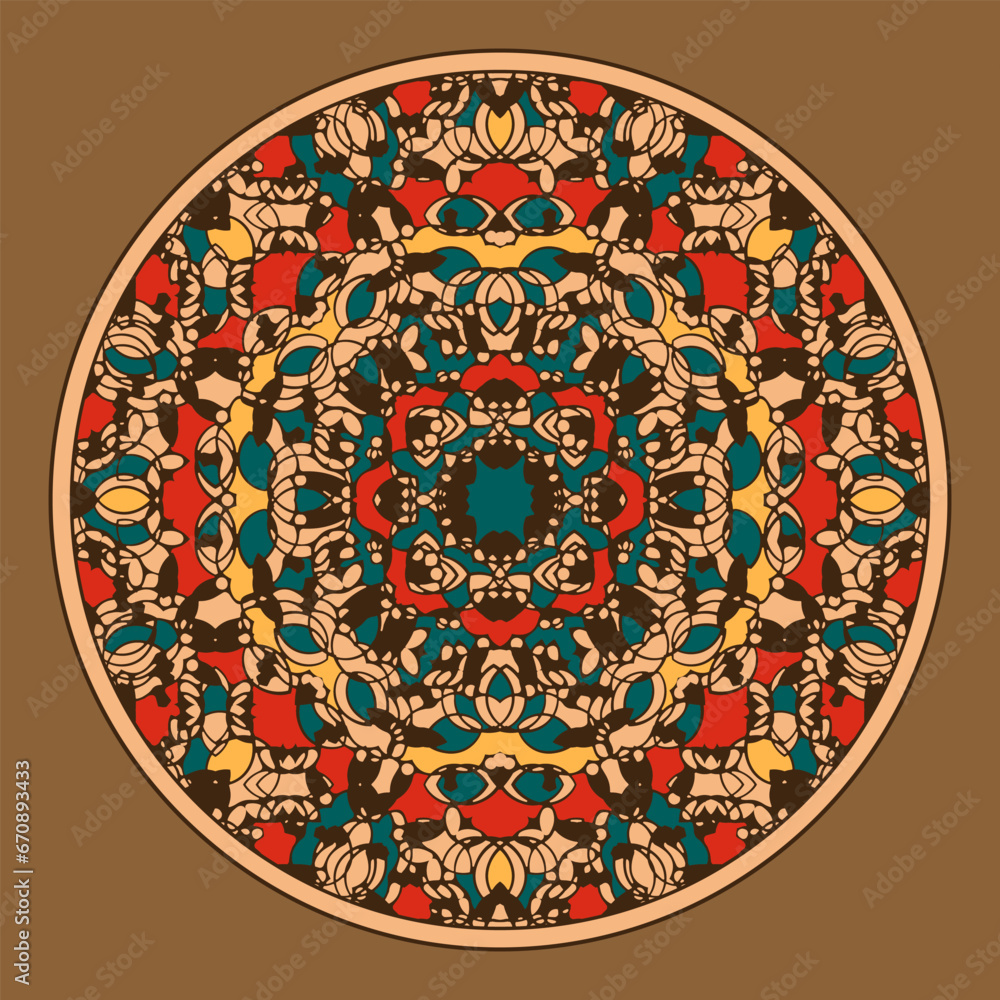 Poster multi-colored mandala with complex patterns. retro palette. vector illustration