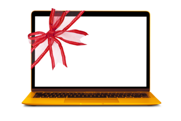 modern laptop computer with red ribbon for Christmas on a transparent background in PNG format