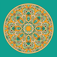Multi-colored mandala with complex patterns. Imitation of stained glass. Retro palette. Vector illustration