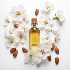Almond oil with flower blossoms. Generative Ai. - obrazy, fototapety, plakaty