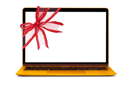 modern laptop computer with red ribbon for Christmas on a transparent background in PNG format