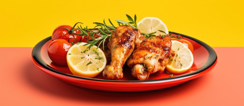 Grilled chicken legs with tomatoes lemon and thyme were plated on a red dish standing alone against a white backdrop
