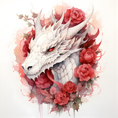 Watercolor white dragons with red roses on a white background