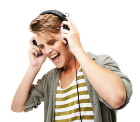 Portrait, listening and man with headphones, celebration and smile isolated against a transparent...