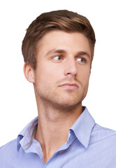 Obraz premium Business man, vision and face closeup with confidence isolated on a transparent, png background. Thinking, professional and idea of a serious young male employee with work model and corporate worker