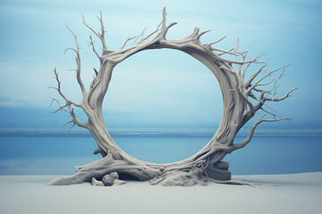 Dry tree circle frame on ocean sand beach landscape. Product display on pastel surreal background with dry driftwood snag, branch. Empty space