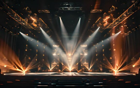 Illuminated spotlights on a concert stage in a dark room. Generative AI