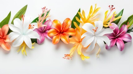 An AI illustration of many flowers are shown in a row on the white surface - obrazy, fototapety, plakaty